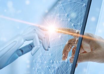 Hands of robot and human touching on global virtual network connection future interface. Artificial intelligence technology concept.