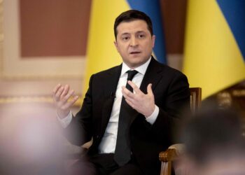This handout picture taken and released by the Ukrainian presidential press-service on January 28, 2022 shows Ukraine's President Volodymyr Zelensky speaking during a news conference with foreign media in Kyiv. - Zelensky called on the West to avoid creating "panic" in the face of a Russian troop buildup on his country's borders. (Photo by Handout / UKRAINE PRESIDENCY / AFP) / RESTRICTED TO EDITORIAL USE - MANDATORY CREDIT "AFP PHOTO / UKRAINE PRESIDENCY " - NO MARKETING - NO ADVERTISING CAMPAIGNS - DISTRIBUTED AS A SERVICE TO CLIENTS (Photo by HANDOUT/UKRAINE PRESIDENCY/AFP via Getty Images)