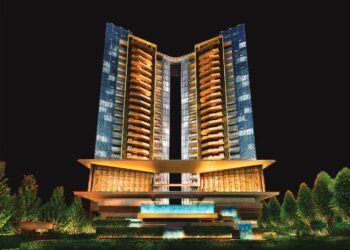 Perspective shot of Perfect Ten with its symmetrical 24-story towers, precisely angled for privacy