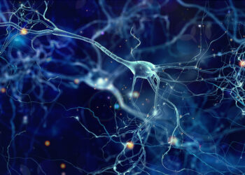 Conceptual illustration of neuron cells with glowing link knots in abstract dark space, high resolution 3D illustration