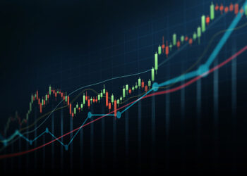 Abstract financial graph with up trend line candlestick chart in stock market on blue colour background