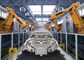 3d rendering robot assembly line in car factory