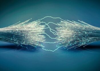 Optic fiber cable connection with electric arc, 3D rendering