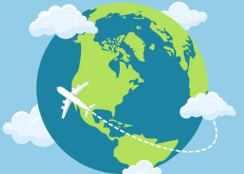 Beautiful vector design illustration of airplane flying around world