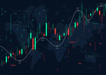 Financial market analytics graph on a world map background, scale of pieces and stock markets, traders dashboard, vector illustration