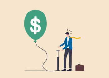 Investment bubble causing financial crisis, overvalued stock market or money inflation concept, businessman investor pumping air into big floating balloon with US Dollar money sign ready to burst.