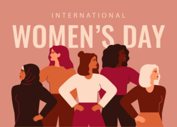International Women's Day card with Five strong girls of different cultures and ethnicities stand together. Vector concept of gender equality and of the female empowerment movement.