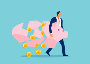 Vector of a businessman holding breaking apart piggy bank loosing his savings
