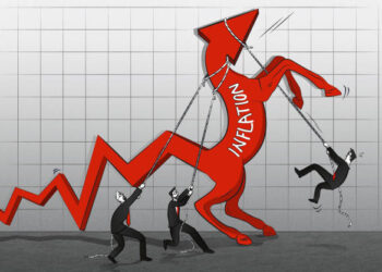 The inflation graph arrow is out of control. The officers are trying to bridle it. (Used clipping mask)