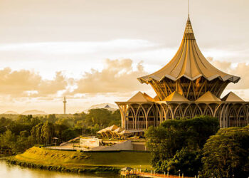 View of the Esplanade on the riverside in Kuching, Malaysia - Borneo during sunset.
