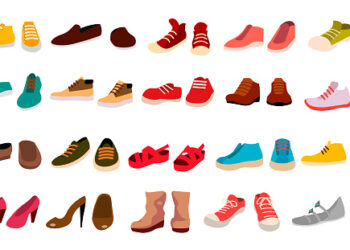 Footwear Set Vector. Fashionable Shoes. Boots. For Man And Woman. Web Icon. Flat Cartoon Isolated Illustration