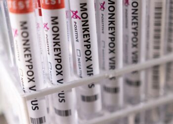 FILE PHOTO: Test tubes labelled "Monkeypox virus positive" are seen in this illustration taken May 22, 2022. REUTERS/Dado Ruvic/Illustration